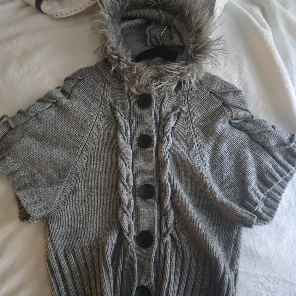 3/15 Gray Hooded Sweater with Faux Fur Trim- Green